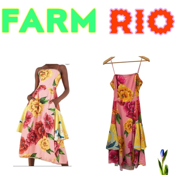 Farm Rio Chita Pink Floral Dress Bold Floral, Spaghetti straps Size S